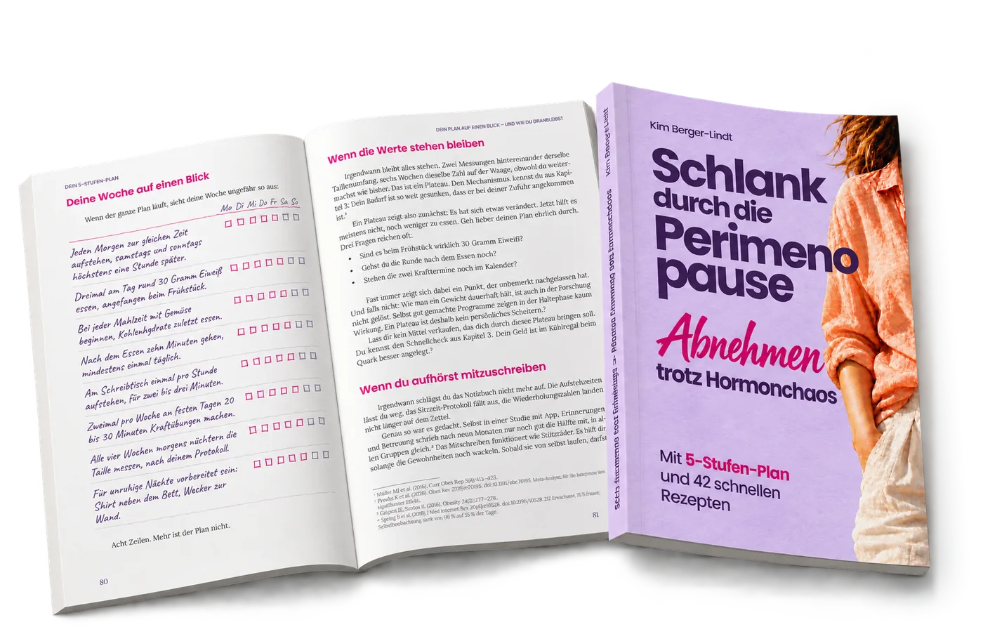 Aufgeschlagenes Buch mit Wochenübersicht neben dem Cover